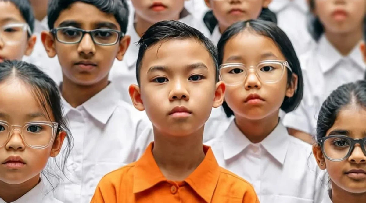 Schoolchildren, some wearing glasses