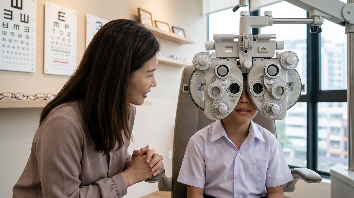 A young boy looks through a phoropter to test his prescription for childhood myopia control.