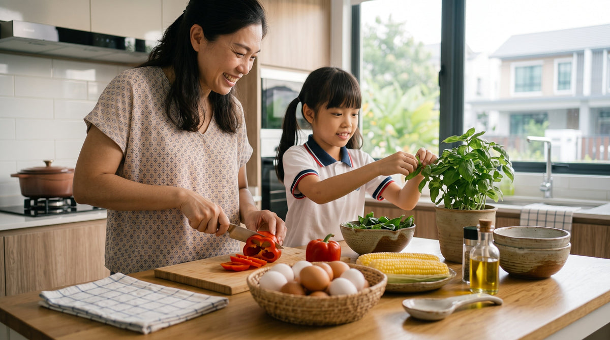 Cooking a healthy dinner rich in natural antioxidants using fresh red bell peppers, eggs, and garden-fresh herbs.