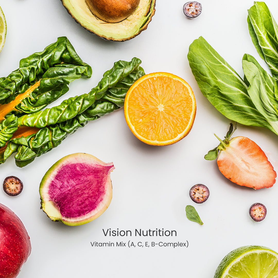 Fruit and leafy vegetables for EyTech Junior vitamin mix