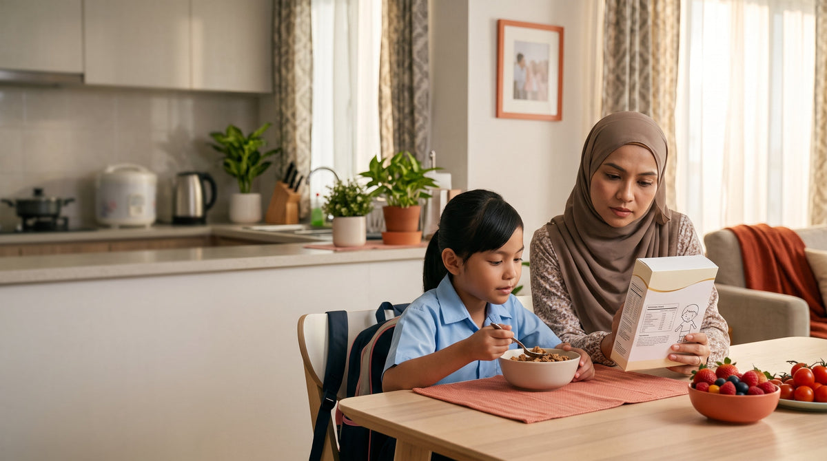 A young girl in a blue school uniform eats a bowl of cereal at a wooden dining table while a woman wearing a hijab looks over the nutrition facts label on a cereal box.