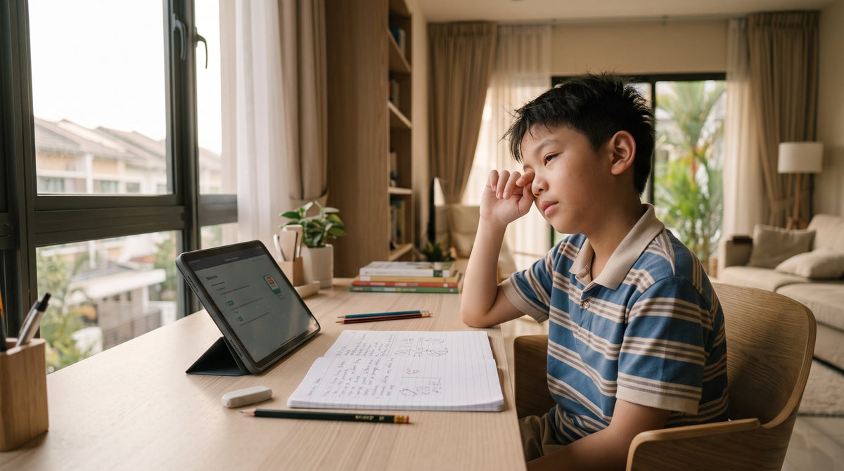 A tired young boy rubs his eyes while experiencing digital eye strain during online learning on a tablet.